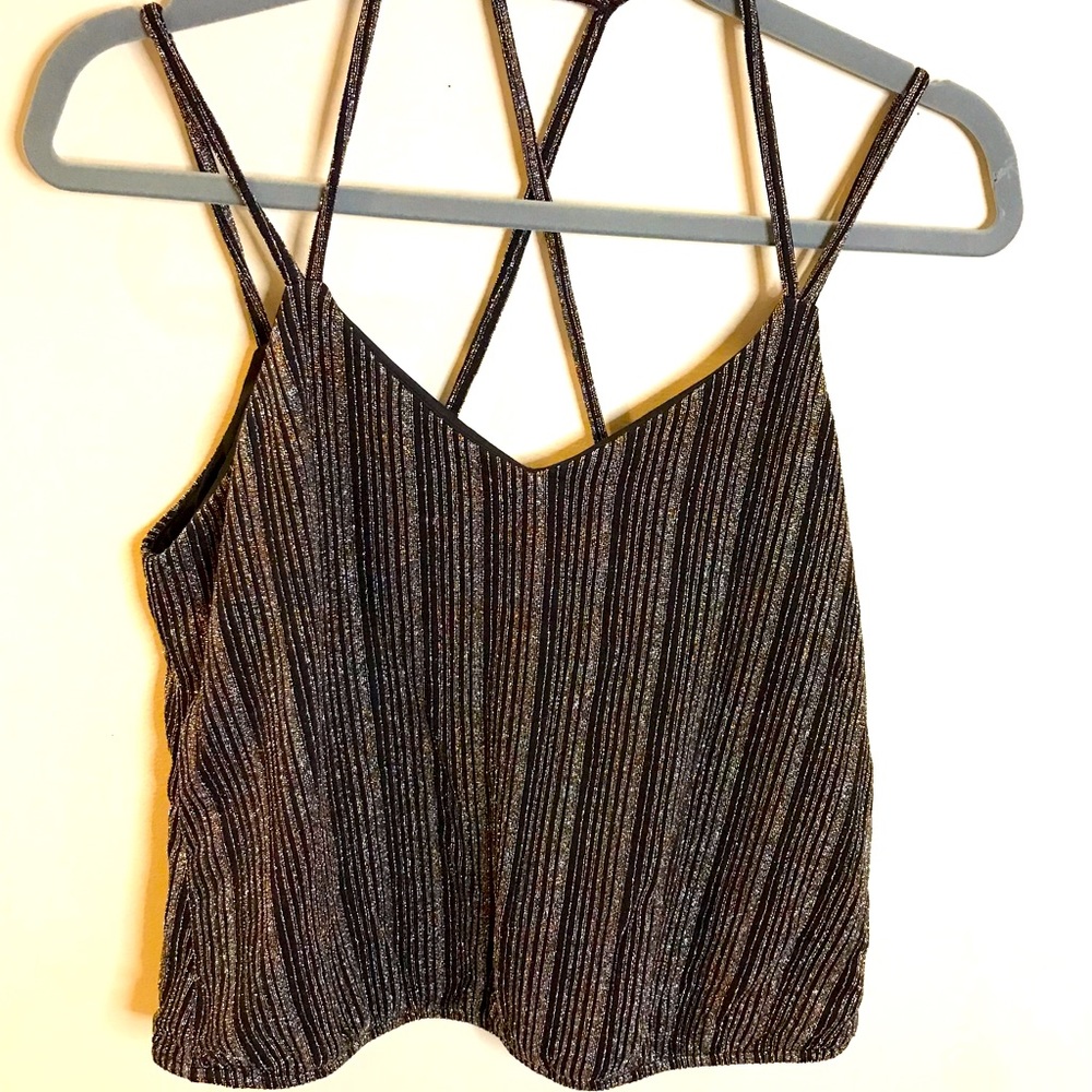NWT - Express Metallic Shimmer Spaghetti Strap Top, Black/Gold